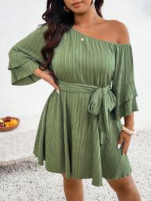SHEIN Frenchy Plus Size Autumn Belted Asymmetrical Neckline Ruffle Sleeve One Shoulder Dress Elegant Vacation Going Out Cocktail Tea Party Wedding Guest Sage Green - Green - View 5