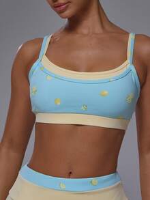 Musera Sport Sport Lemon Fruit Print Scoop Neck Double Layered Contrast Pastel Colour Adjustable Strap Soft Active Sports Bra - Blue - View 2