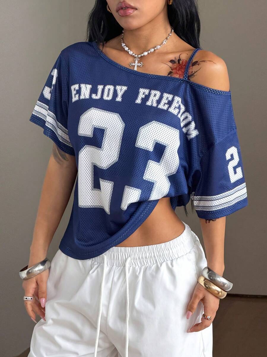 Coolane 女款夏季運動休閒復古街頭風豹紋印花與23號徽章圖案性感露肩寬鬆T恤,豹紋上衣 - 藏蓝色 - 查看 1