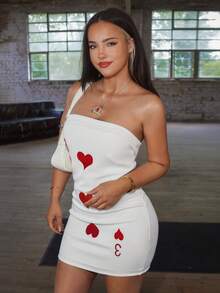 ROMWE X Magda Mysz Valentine's Day Playing Card Heart Embroidered Bandeau Mini Dress - White - View 2