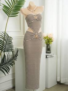 Swim SXY 女款夏季泳池派對泳裝罩衫洋裝，高級米色面料搭配金色海星扣飾，成熟女性沙灘裝 - 棕色 - 查看 2