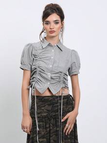 COUREZ 微格紋泡泡袖側邊抓皺上衣/Y2K夏季女裝 夏季穿搭 女款外出穿搭 夏季襯衫 外出上衣 女款襯衫 - 彩色 - View 5