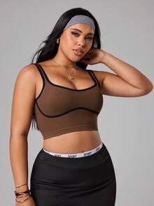 SHEIN Rhythm Era Damen Sport-Tanktop in Große Größen mit Kontrastfarbe, gerafften Ärmeln und Off-Shoulder, geeignet für Yoga, Radfahren, Tennis - Kakao - Übersicht 5