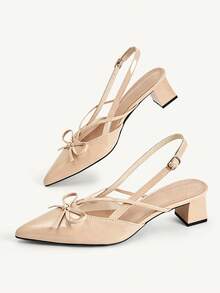 CUCCOO CHICEST Nude Pointed Bow Slingback Thick Heel Sandals, Workplace Commuting Temperament Shoes - Three knives nude - View 9