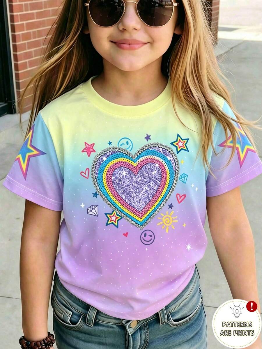 1pc Girls Rainbow Gradient Rhinestone Heart & Star Print Crew Neck Short Sleeve T-Shirt, Casual Summer Top For Daily Wear And Outings - Multicolor - View 1