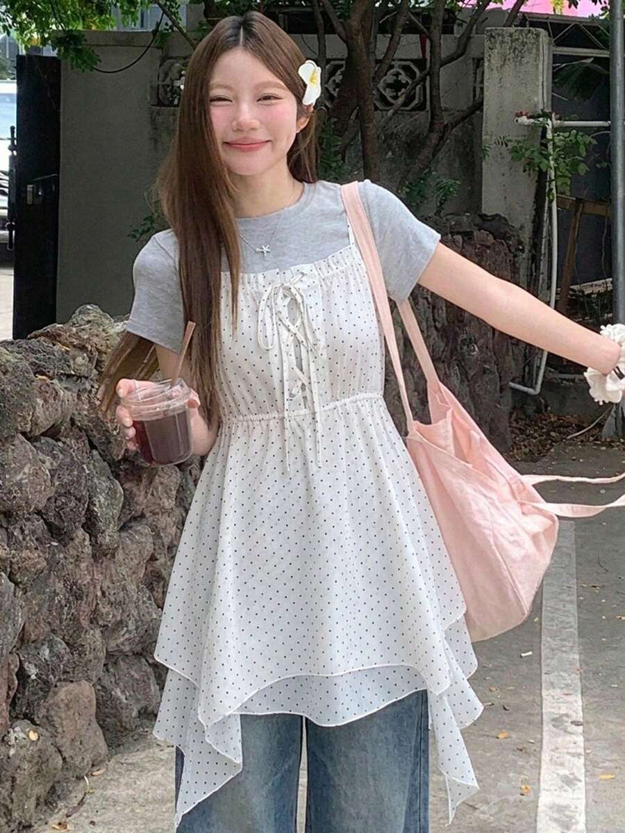 DAZY 女款韓式甜美波點印花抽繩綁帶細肩帶背心上衣 夏季 - 杏色 - 查看 1