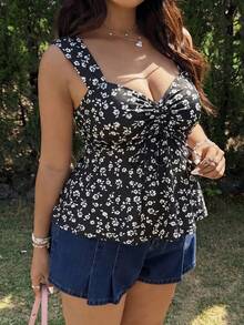 SHEIN EZwear 大尺碼女款夏季休閒碎花抽繩前襟上衣 - 彩色 - 查看 4