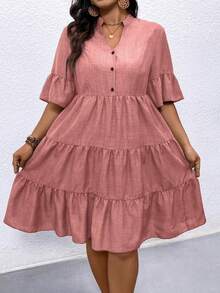 Linhara CURVE Plus Size Women's Button Notch V-Neck Ruffle Hem Dress - Pink - View 3