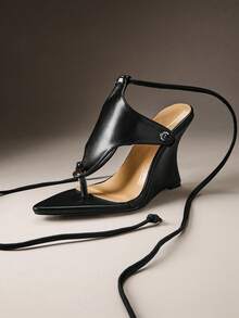 Hauture Ladies Thong Style Tie-Up Strap Wedge Sandals Summer Shoes - Black - View 6