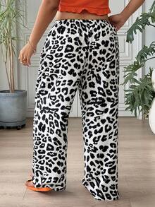 SHEIN EZwear Plus Size Women Casual Leopard Print Drawstring Waist Loose Wide Leg Pants, Suitable For Vacation, Street Fashion, Daily Commute - Multicolor - View 7