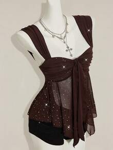 SHEIN ICON Shiny Fabric Asymmetrical Mesh Hem Women Tank Top - Coffee Brown - View 6
