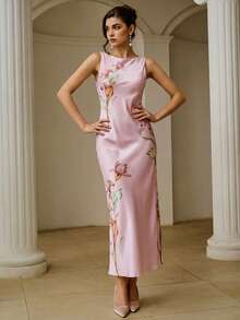 ZEYLAH Women's Floral Print Pleated Elegant Mermaid Dress - Pink - View 5