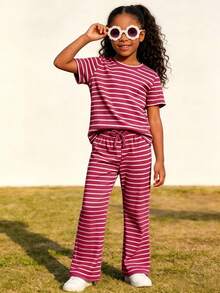 Genkimix Kids Young Girls Casual Textured Striped T-Shirt & Fashion Flare Pants Set, Suitable For Summer, Outing Wear - Burgundy - View 3