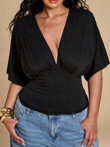 SHEIN BAE CURVE Plus Size Black V-Neck Short T-Shirt,Women's Deep V Neck Dolman Sleeve Top Elegant Wrap Front Batwing Blouse For Women Chic Plunge Top With Lace Trim - Black - View 3