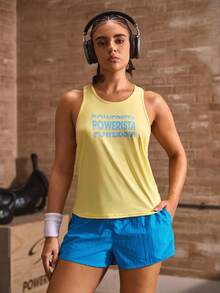 Powerista 女款休閒字母印花背心與純色短褲運動套裝 夏季秋季健身房瑜伽跑步穿著 藍黃配色 透氣輕量 - 黃色 - 查看 10
