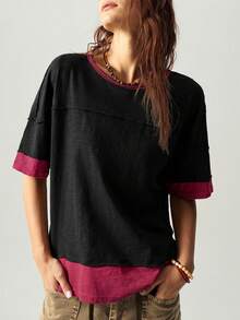 Bohemela Casual Knit Colorblock Crew Neck Short Sleeve Loose Fit Women's T-Shirt - Black - View 3