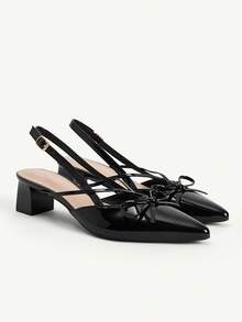 CUCCOO CHICEST Black Pointed Toe Bow Slingback Thick Heel Sandals, Workplace Commuting Temperament Shoes - Three knives black - View 8