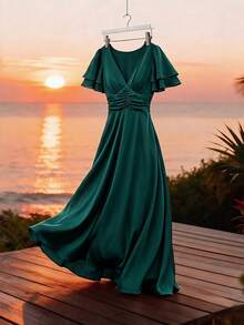 Elenzga Women's Summer Elegant Dark Green Shirred Waist Fit And Flare Dress,Sophisticated Party Cocktail Gown,Versatile Gathered Design For Date&Beach Wear - Dark Green - View 5