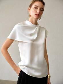 MOTF PREMIUM SPRING/SUMMER WOMEN'S SATIN WHITE ELEGANT COMMUTER ASYMMETRICAL COWL NECK BLOUSE - White - View 5