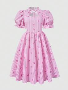 SHEIN Girls' Blue Textured Fabric Sleeve Beaded Chest Cut-Out Bow Ribbon Decor Dress, Suitable For Elegant, - Pink - View 6