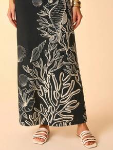 CAJUNI Women's Boho Tropical Blue Ocean Shell Seahorse Coral Print, Asymmetric Shoulder Waist Gathered Midi Vacation Casual Dress - Black - View 4