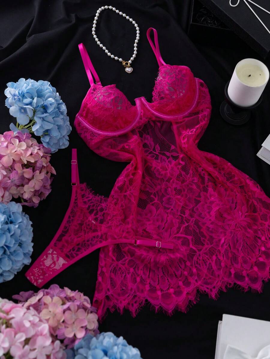 Crystal Vow Set 2pcs Gaun Tidur Seksi Transparan dengan Kawat Penyangga dan Renda - Hot Pink - View 1