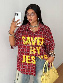 Maweii Plus Size Women's Summer Plaid Red Shirt Collar Short Sleeve Blouse Casual Vacation Back-To-School Date Night Sport - Multicolor - View 3