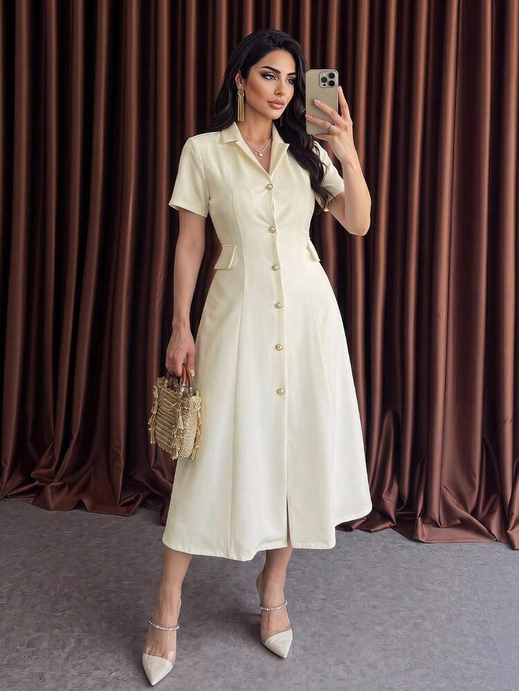 Spring & Summer Fashion High-End Notched Collar Cinched Waist Dress, New Stylish Single-Breasted Elegant Mid-Length Dress For Women