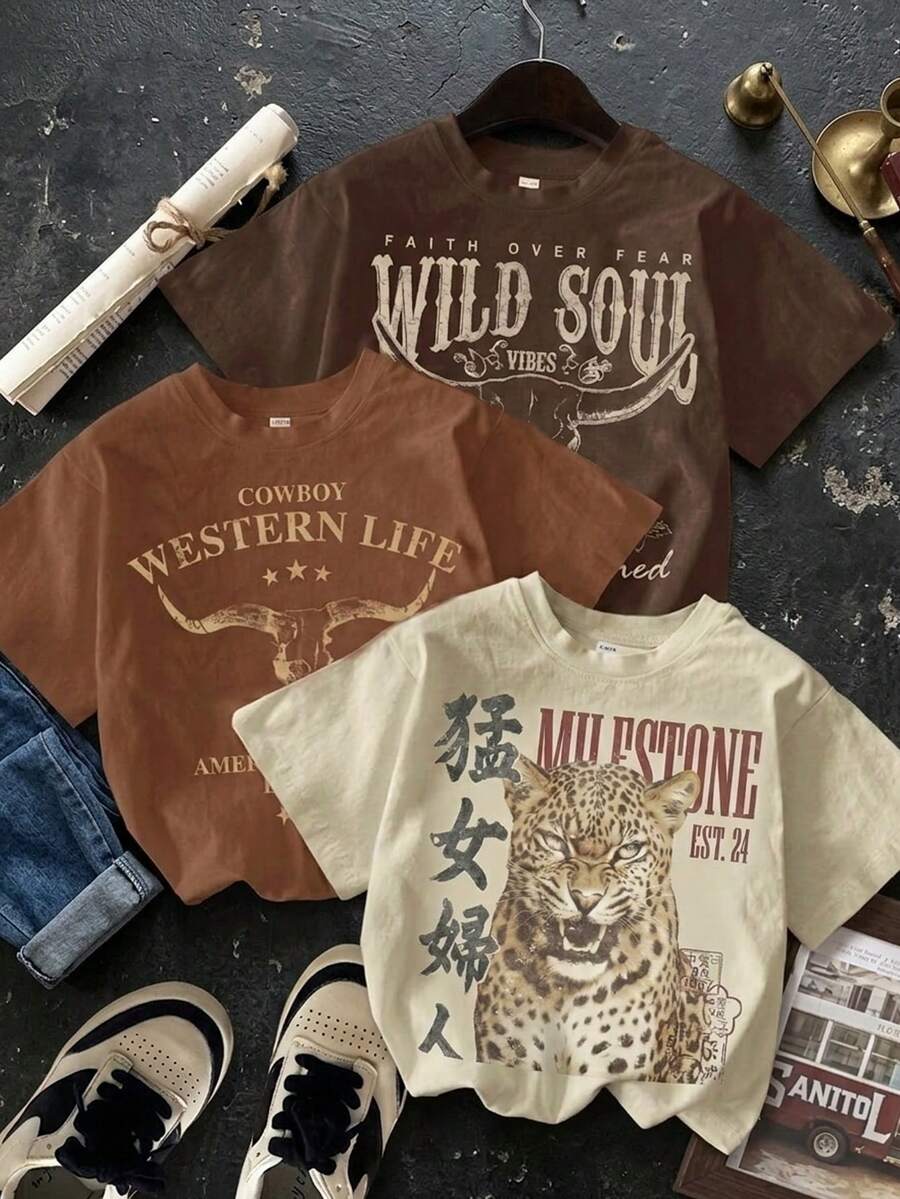 Attitoon 3件組女款修身短版圓領圖案T恤;西部牛仔+老虎;西部音樂節;波希米亞風;休閒;畢業;度假;居家 - 彩色 - 查看 1