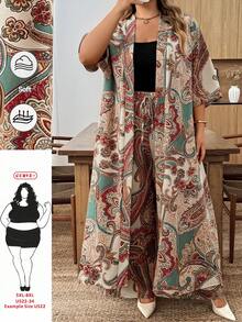 SHEIN CURVE+ Curve 尺码 US22 音乐节、海滨度假、波西米亚风印花两件套外套和裤子，度假沙滩装 - 彩色 - 查看 5