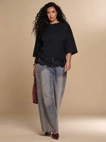 SHEIN BAE CURVE Áo thun nữ cỡ lớn màu đen phối ren, cổ tròn, vai rớt - màu đen - Xem 4