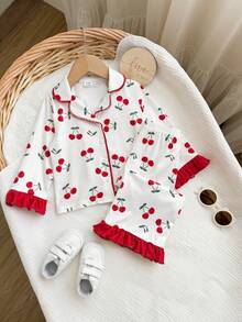Dozemod Baby Girl Sweet Simple Fruit Pattern Turn-Down Collar Button-Up Ruffle Decor Long Sleeve Long Pants Comfortable Skin-Friendly Knit Pajama Set 2pcs - Red and White - View 7