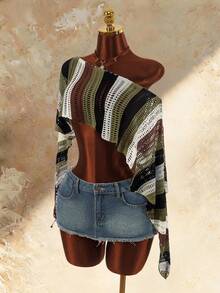Amplova Crochet Striped Hollow Out Vintage Women's Cover-Up Shawl - Brown - View 5
