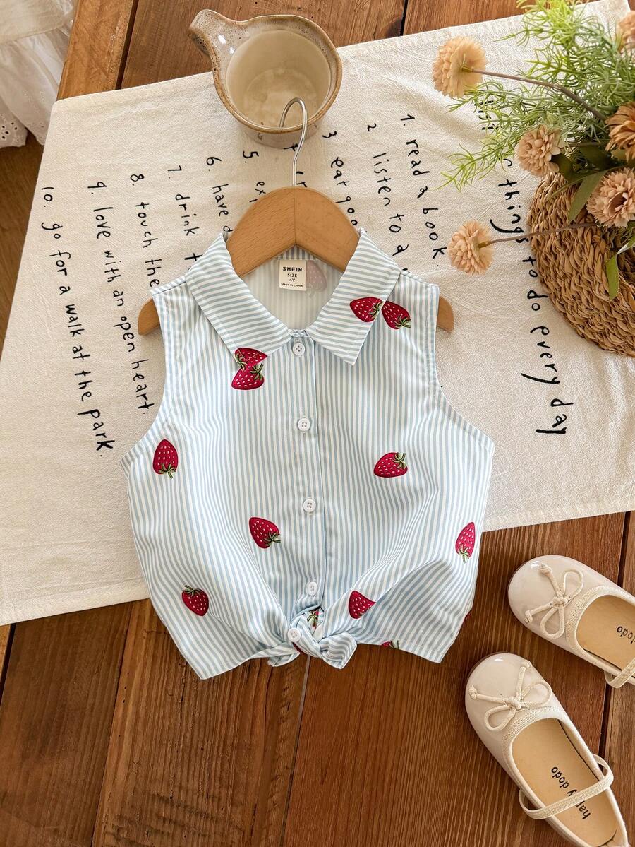 LMoss Kids Young Girl Woven Cherry Pattern Casual Shirt - Blue - View 1