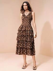 Revavyn European And American Style Spring Summer New Fashion Versatile Watermark Brown And White Polka Dot Ruffle Layered Elegant Tea Party Midi Dress - Multicolor - View 3