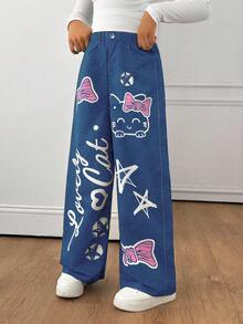 SHEIN Sparklyn 青少年女孩秋季服飾 鬆緊腰寬鬆印花寬腿褲 日常穿著 春/秋 隨意 開學穿搭 - 藍色 - 查看 4