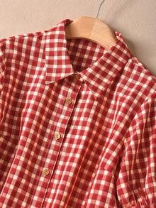 Rusticease Elegant Cute Preppy Red And White Plaid Gingham Party Picnic Blouses Women's Summer Casual Pastoral Back-To-School Printed Puff Short Sleeve Shirt - Red - View 5