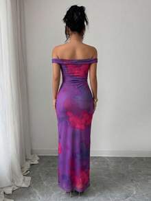 Elenzga Women's Summer New Elegant Sexy Beach Night Out Vacation Mesh Purple Sequin Print Off-Shoulder Fitted Dress - Bold Plum - View 2