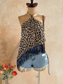 Soleia Women's Tank Top Leopard Print Halter Neck Tie Asymmetrical Hem Lace Trim Sexy Sleeveless Top Going Out Night Out Cocktail Parties Black And White - Brown - View 3