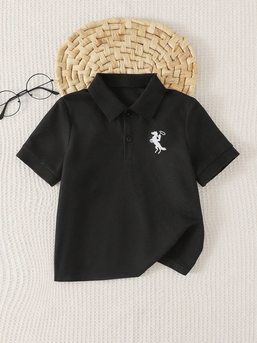 SHEIN Playful Pals 1 buah Kaos Polo Kerah Kontras untuk Anak Laki-laki, Manset Bergaris Kontras Warna pada Lengan Kiri dan Kanan, Detail Bordir di Dada, Cocok untuk Musim Semi/Panas, Aktivitas Luar Ruangan, dan Acara Formal - Hitam - View 1