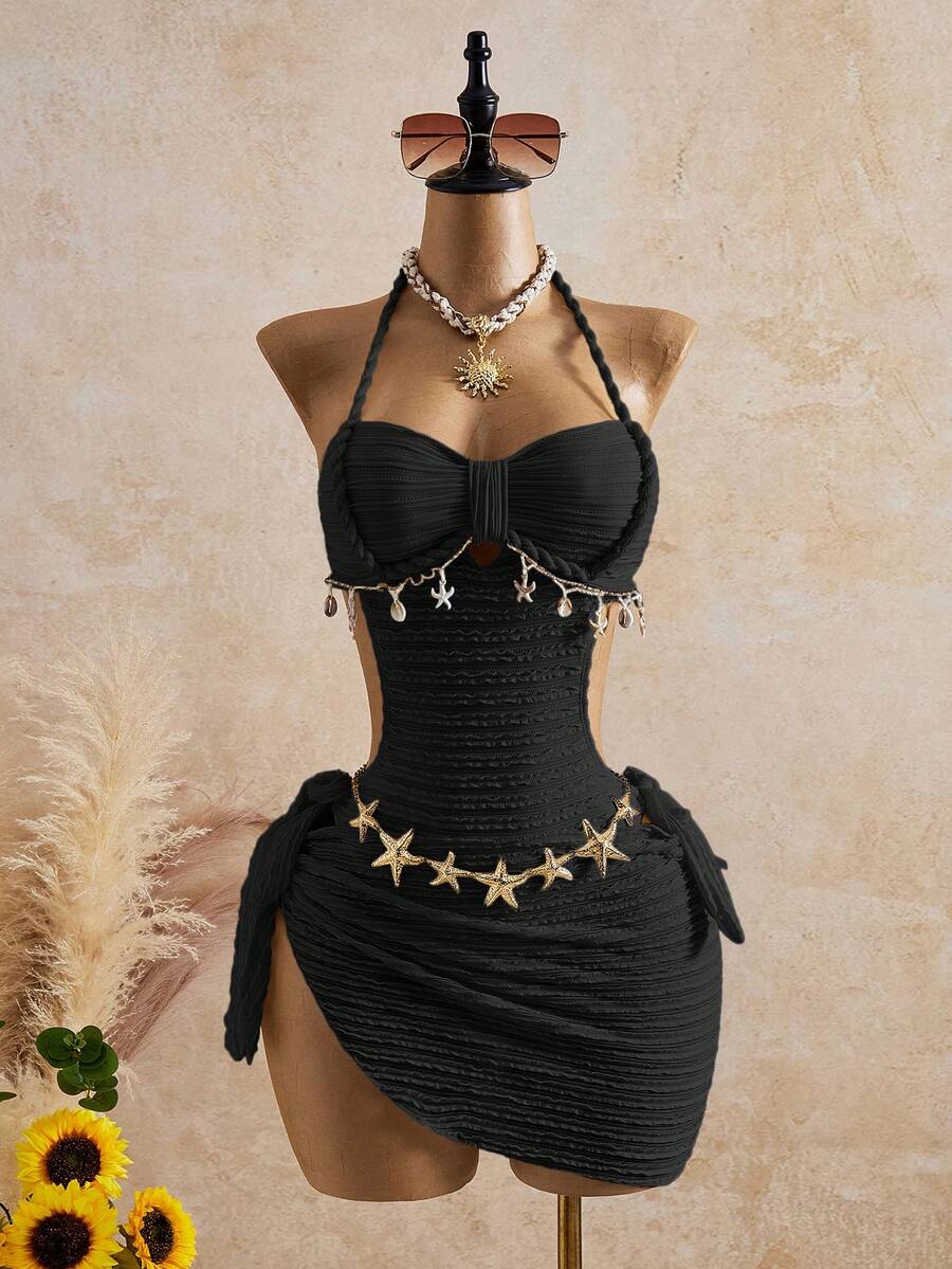 Bellisia 26SS Musim Semi/Panas Liburan Aprikot Vintage Leher Persegi Ramping Tali Kepang Bintang Laut Cangkang Halter Baju Renang Satu Potong Atasan & Rok 2 Potong - Hitam - View 1