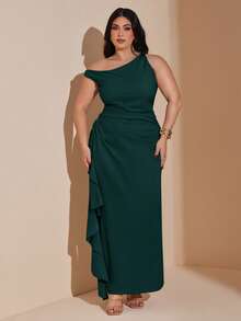 SHEIN BAE Vestido casual de fiesta para mujer talla grande de unicolor con cuello asimétrico, volantes en el bajo y diseño con abertura - Verde Oscuro - Ver 7