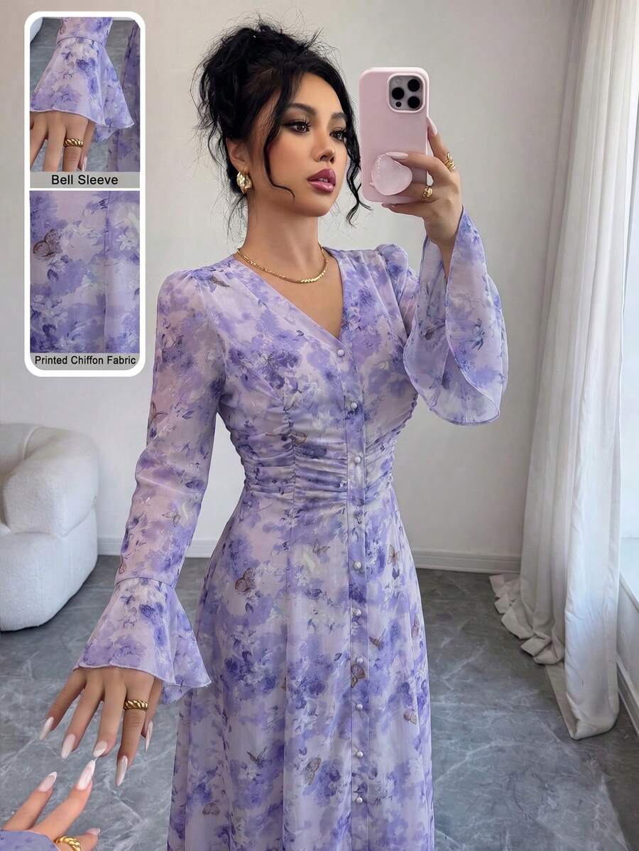 Modelyn 法式V領抓皺喇叭袖女裝洋裝 - 紫色 - 查看 1
