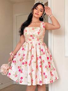 FleurLily Vestido de mujer de talla grande con tirantes anchos, cintura alta y falda acampanada - Albaricoque - Ver 4