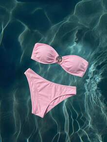 Anewsta Women's Bandeau Fashion Beach Summer Bikini Set - Pink - View 3