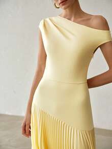 MOTF PREMIUM SPRING/SUMMER WOMEN'S ELEGANT PLEATED LONG COMMUTER DRESS HOLIDAY PALE YELLOW GARDEN PARTY BRUNCH - Yellow - View 3