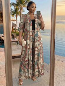 SHEIN Lady CURVE Plus Size Vintage Print Loose Elegant Versatile 2 Pieces Set, Summer Boho Two Piece Set Modest Two Piece Set Boho Jumpsuit For Women Kimono Dress Long - Multicolor - View 6