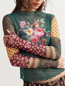 Bohemela 女款花卉印花休閒百搭長袖上衣，適合日常穿著 - 墨綠色 - 查看 3