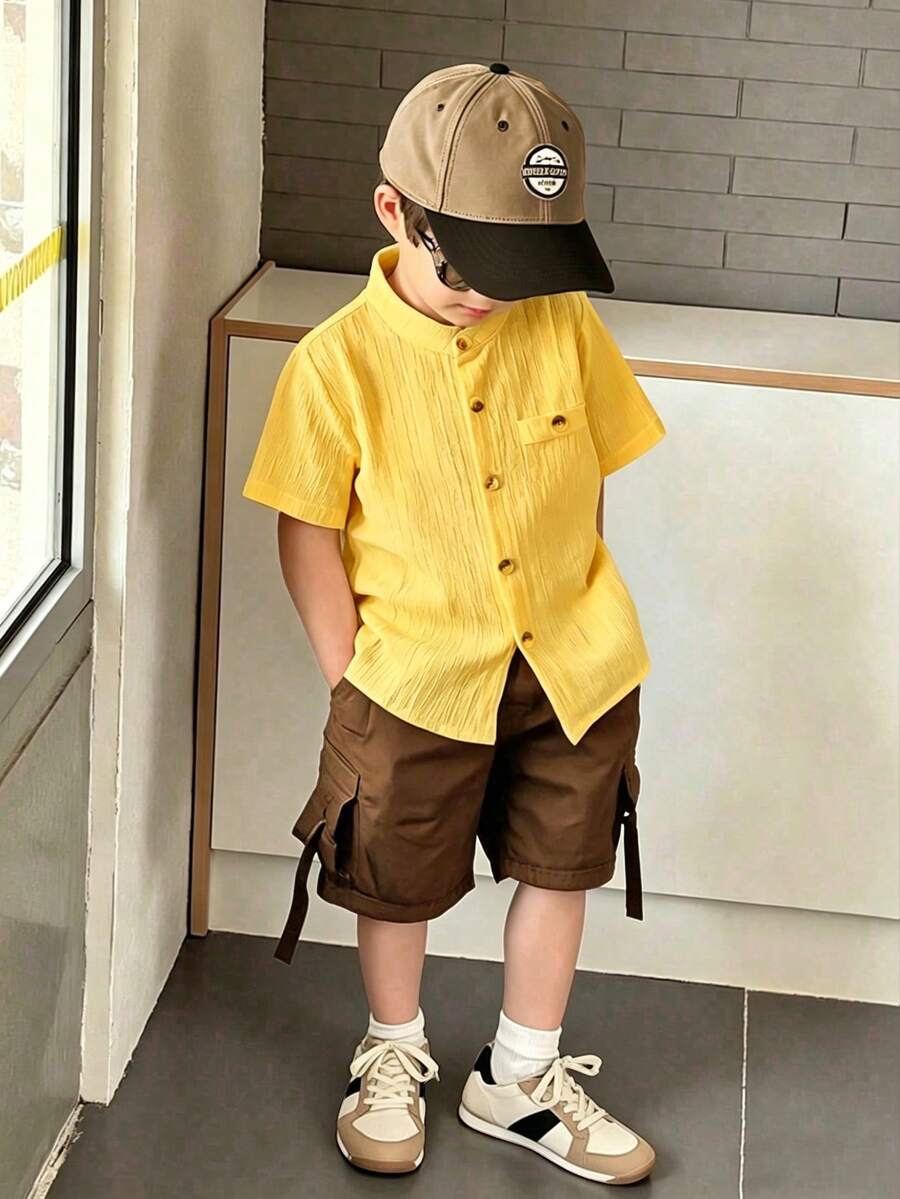 SHEIN Genkimix Kids Young Boy Stand Collar Short Sleeve Yellow Shirt With Pocket - Yellow - View 1