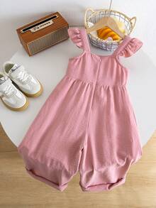 SHEIN Kids Young Girl Woven Floral Print Ruffle Strap Casual Jumpsuit - Pink - View 10
